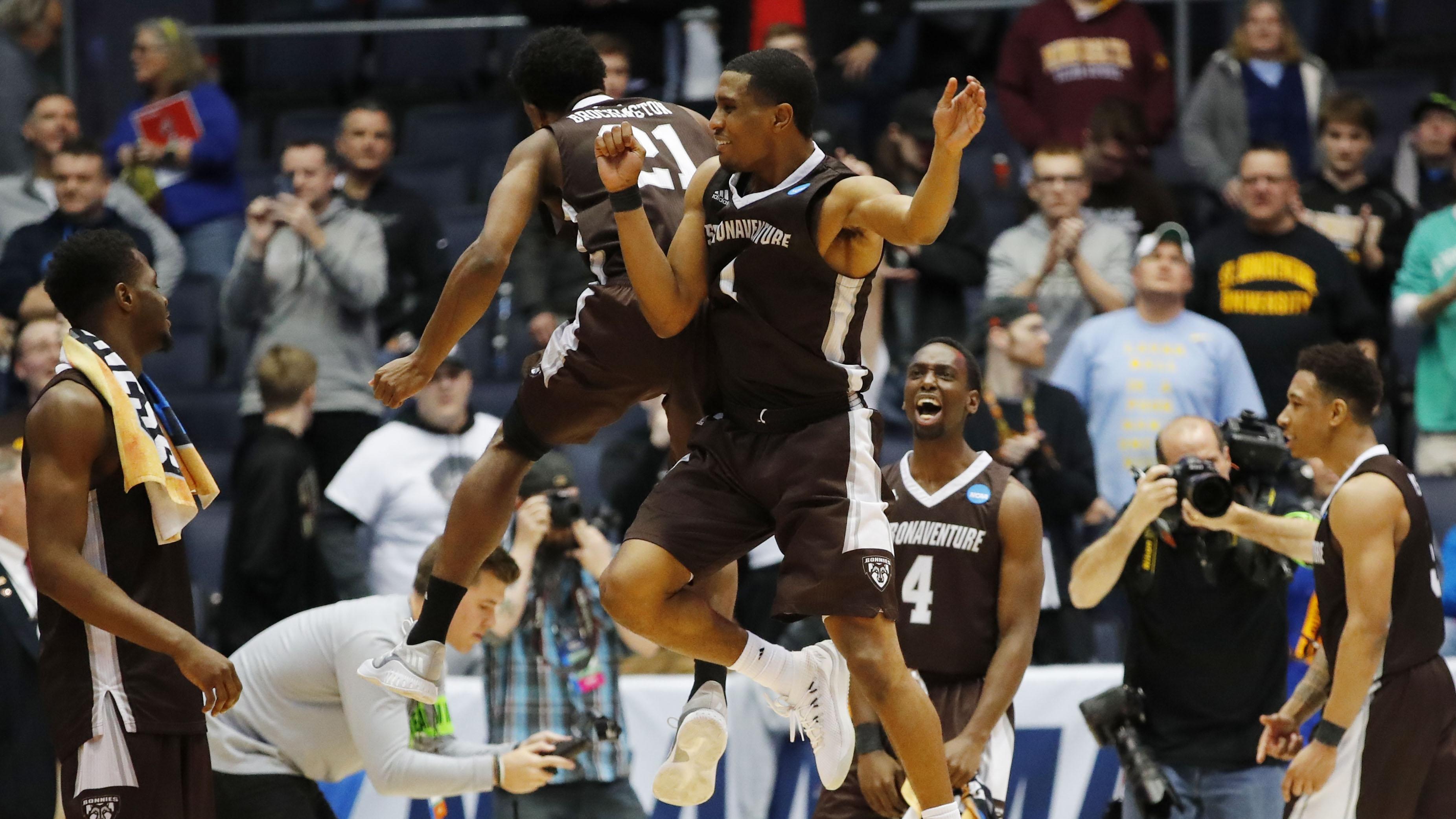St. Bonaventure celebrates after beating UCLA