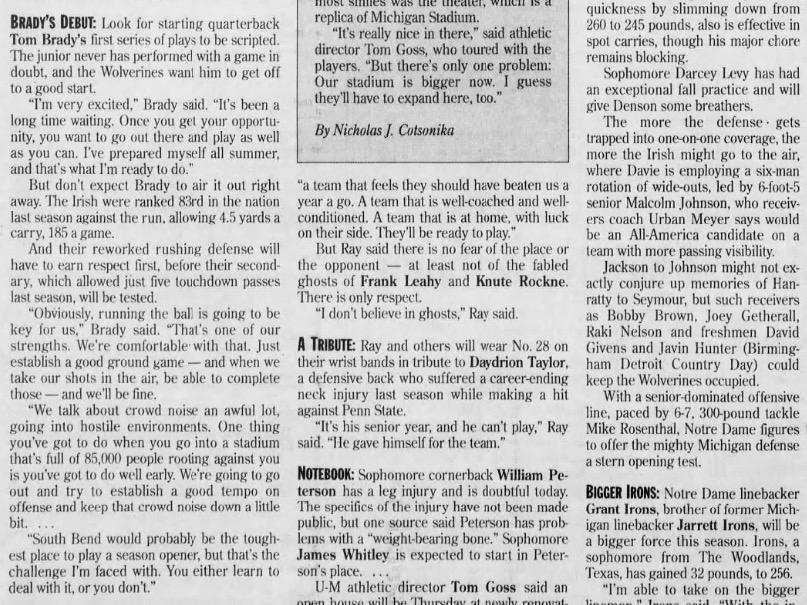 Tom Brady in the Detroit Free Press on Sept. 5, 1998