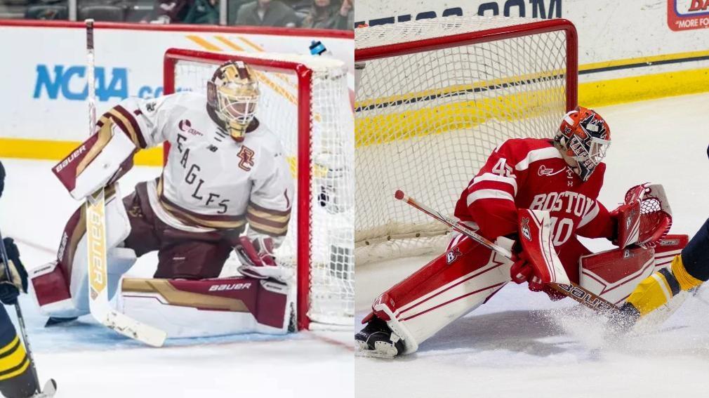 A side-by-side graphic of goalies from BC and BU's men's hockey teams