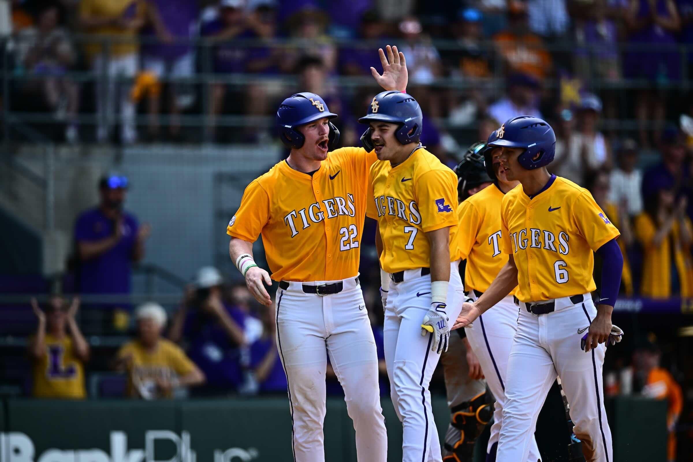 LSU baseball players celebrate against Tennessee