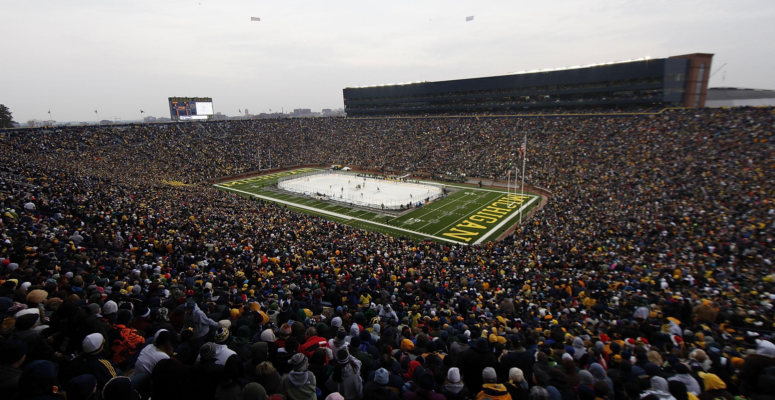 A wide view of the Big Chill game between Michigan and Michigan State with an attendance of 104,173