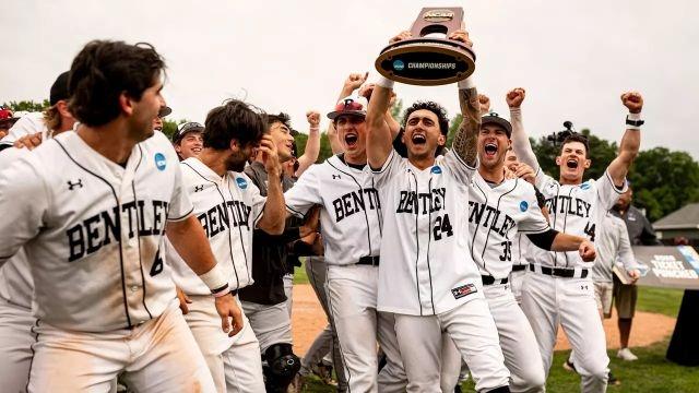 Bentley celebrates heading to its first-ever DII baseball finals.
