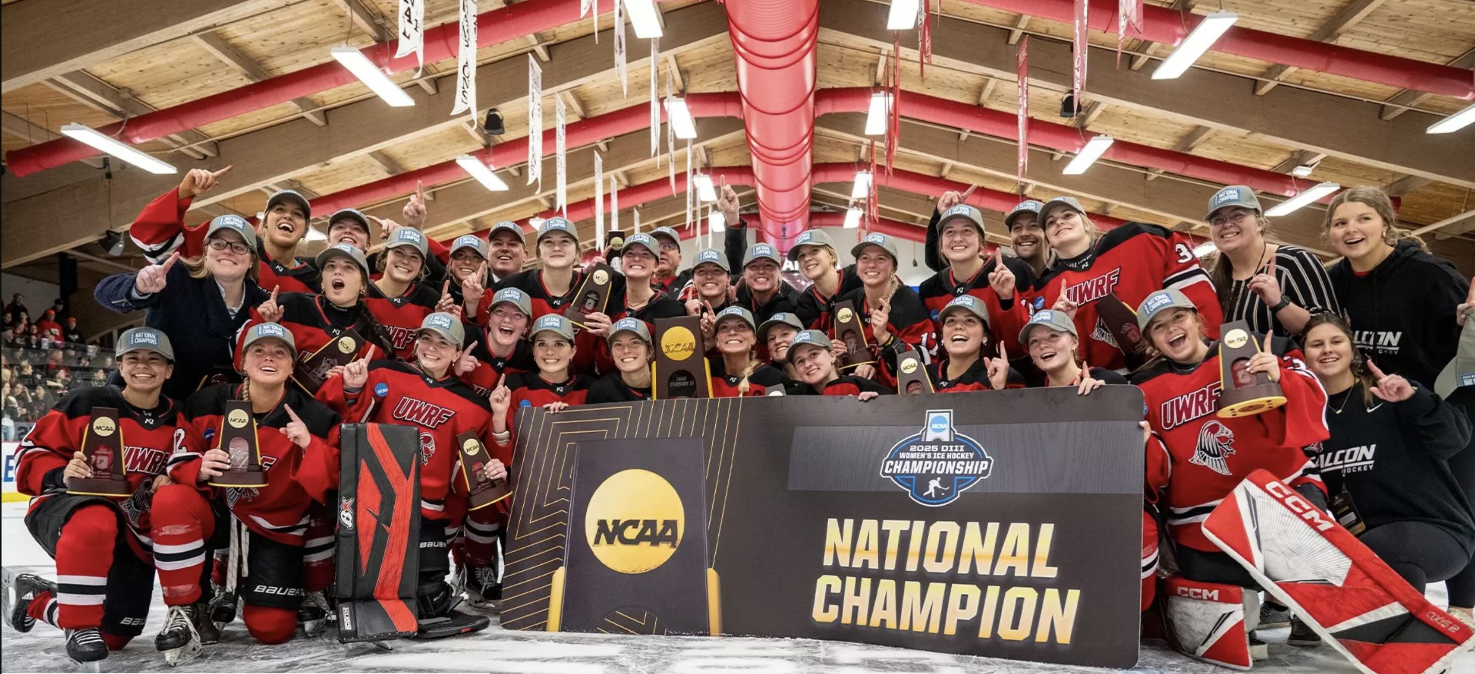 UW-River Falls celebrates winning the 2025 NCAA DIII women's ice hockey championship